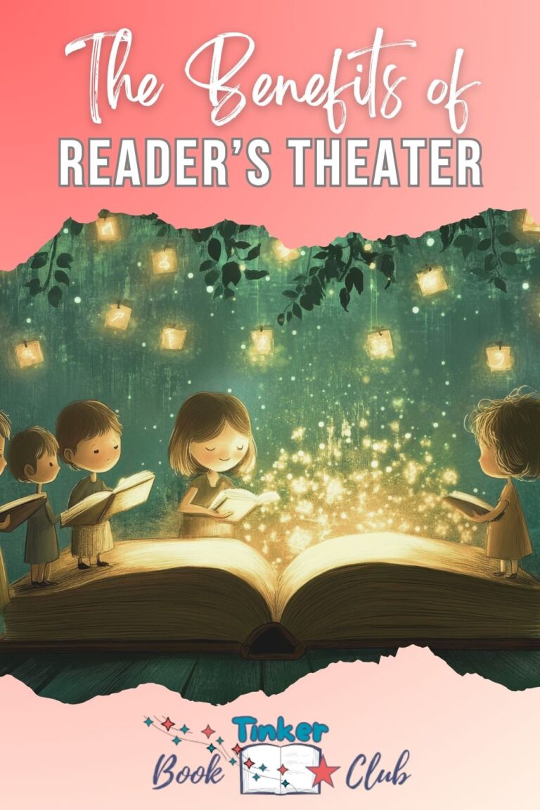 Children reading together from a magical book. The benefits of reader's theater Pinterest Pin.