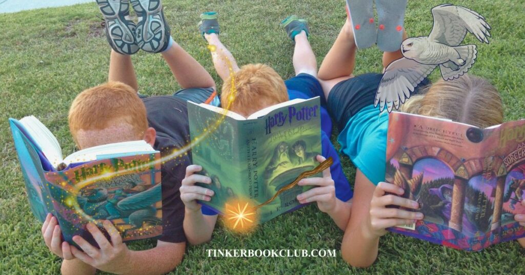 Three kids lying on the grass reading Harry Potter Books. How to start a kids' book club.