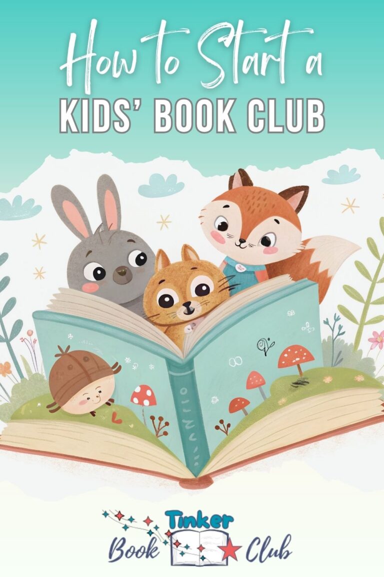 A whimsical image of woodland animals in a forest gathered around a book. A Pinterest pin for How to Start a Kids' Book Club.