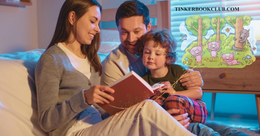 A mother and father reading a bedtime story with a little boy. A cartoon image of The Three Little Pigs is overlaid on the photo. The Three Little Pigs Origin Story.