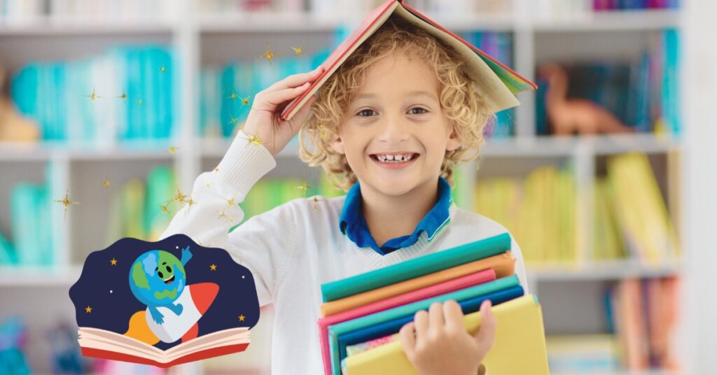 A smiling boy in a library with a stack of books and one playfully stacked on his head. Encourage Kids to Read New Books.