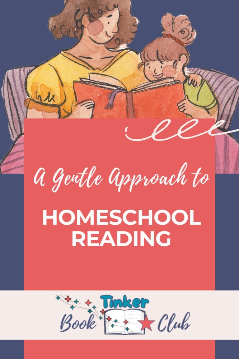 Pinterest Pin image. An illustration of a mother reading to her child on the sofa. A gentle homeschool reading approach.