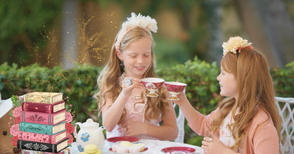 Two little girls are enjoying a tea party together outdoors. Poetry tea time.