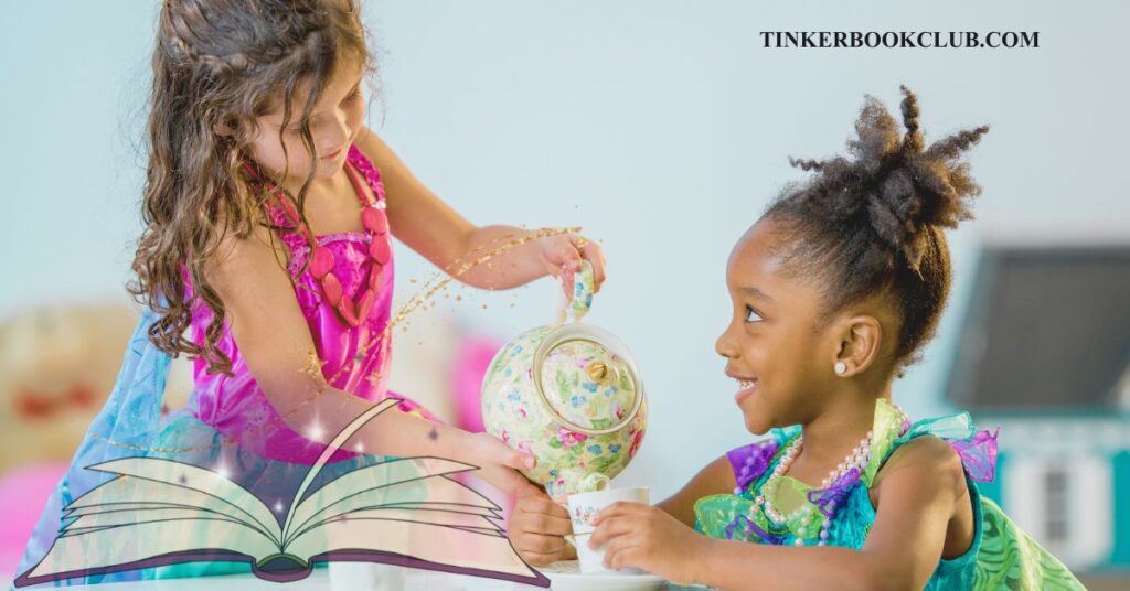 Two little girls having a tea party and reading from a magical book of poems. Poetry tea time: a homeschool tradition.