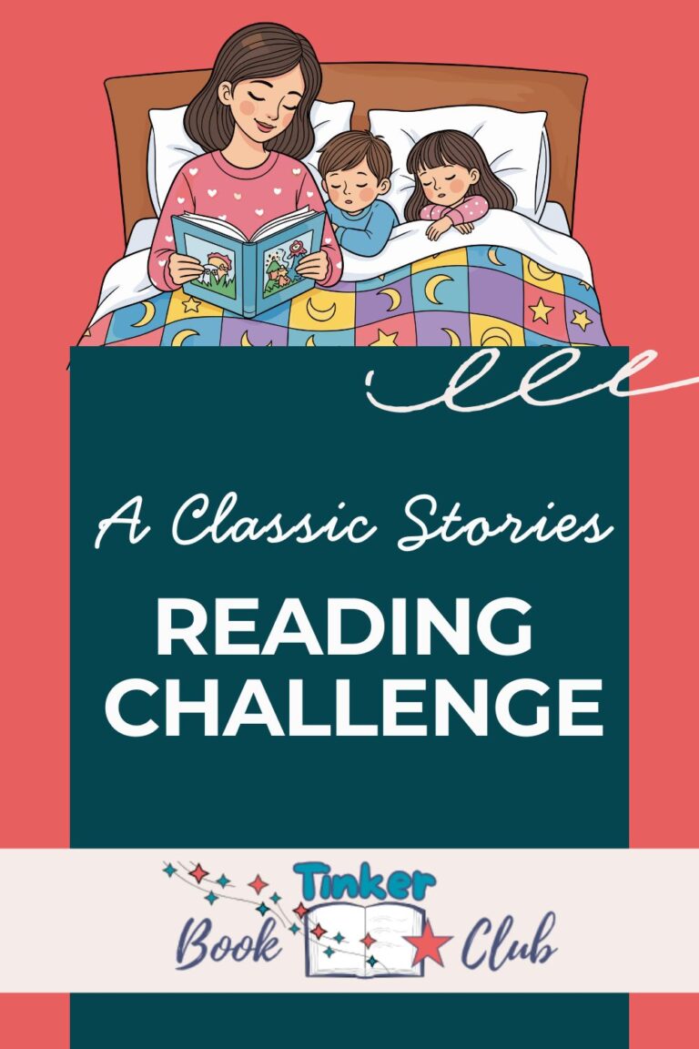 Pinterest Image: An illustrated image of a mother reading a bedtime story to her children. A Gentle Classic Stories Reading Challenge.