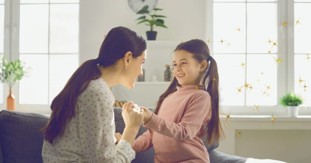 A mother holds her daughters hands while her daughter tells her about what she has been reading. Oral and creative narration.