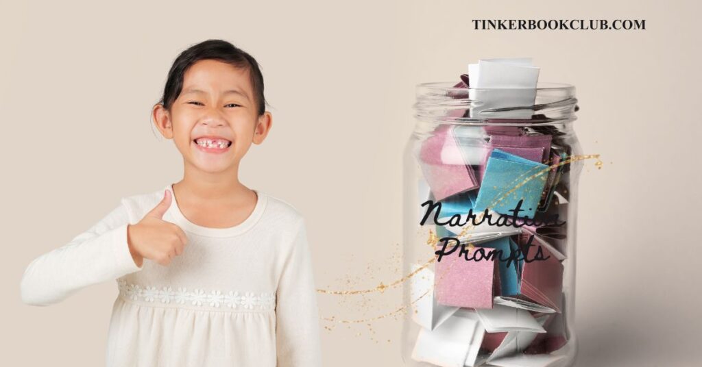 A girl is smiling with her thumb up. There is a large jar full of narration prompts in the background. Oral and creative narration.