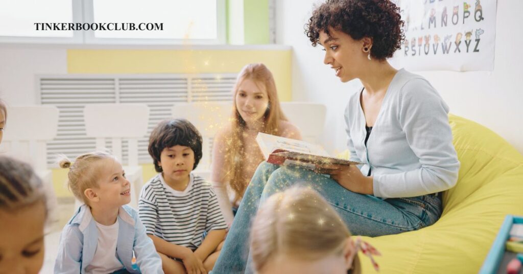 A teacher is reading to young children during story time. Social emotional learning through books.