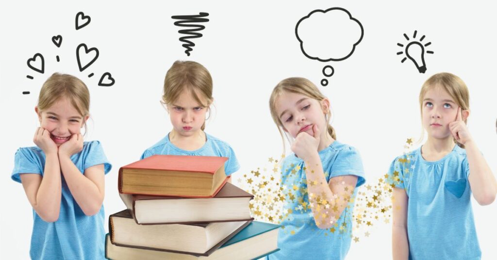 A young girl is pictured four times, displaying various emotions. There is a book stack in the middle of the image. Social emotional learning through books.