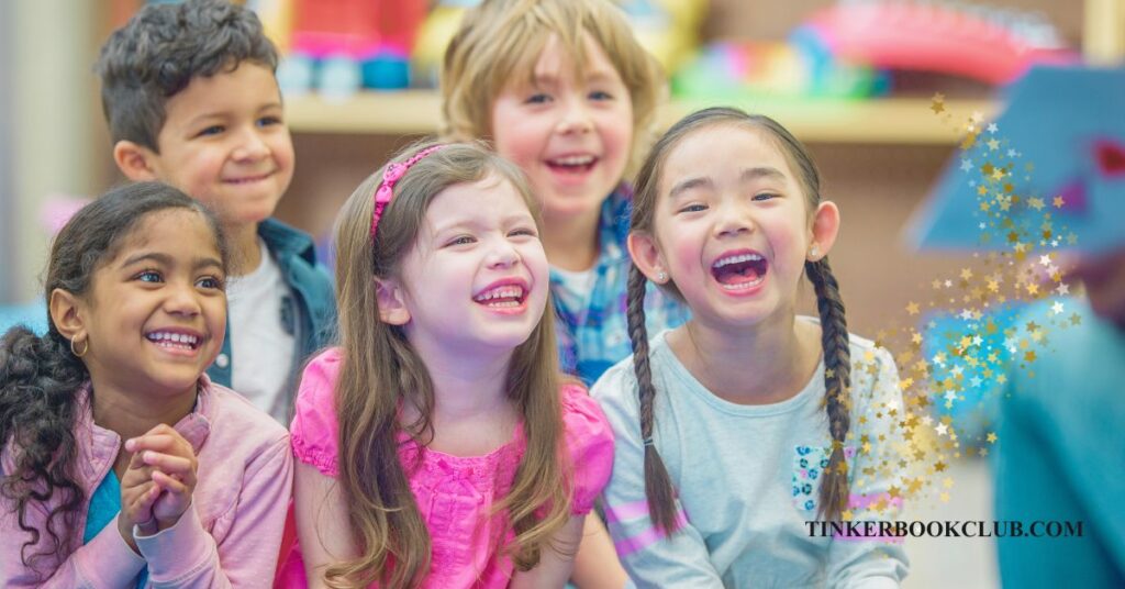 Smiling children sitting on the floor enjoying a read aloud story time. Friendship discussion questions for any book.