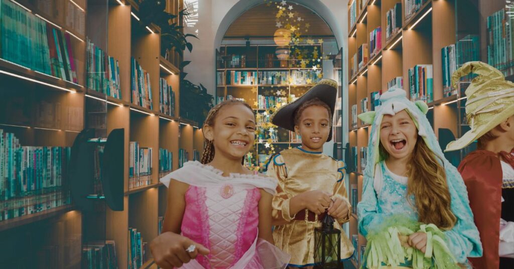 Kids dressed up as fantasy characters standing in a magical library. Fantasy books for homeschool book clubs.